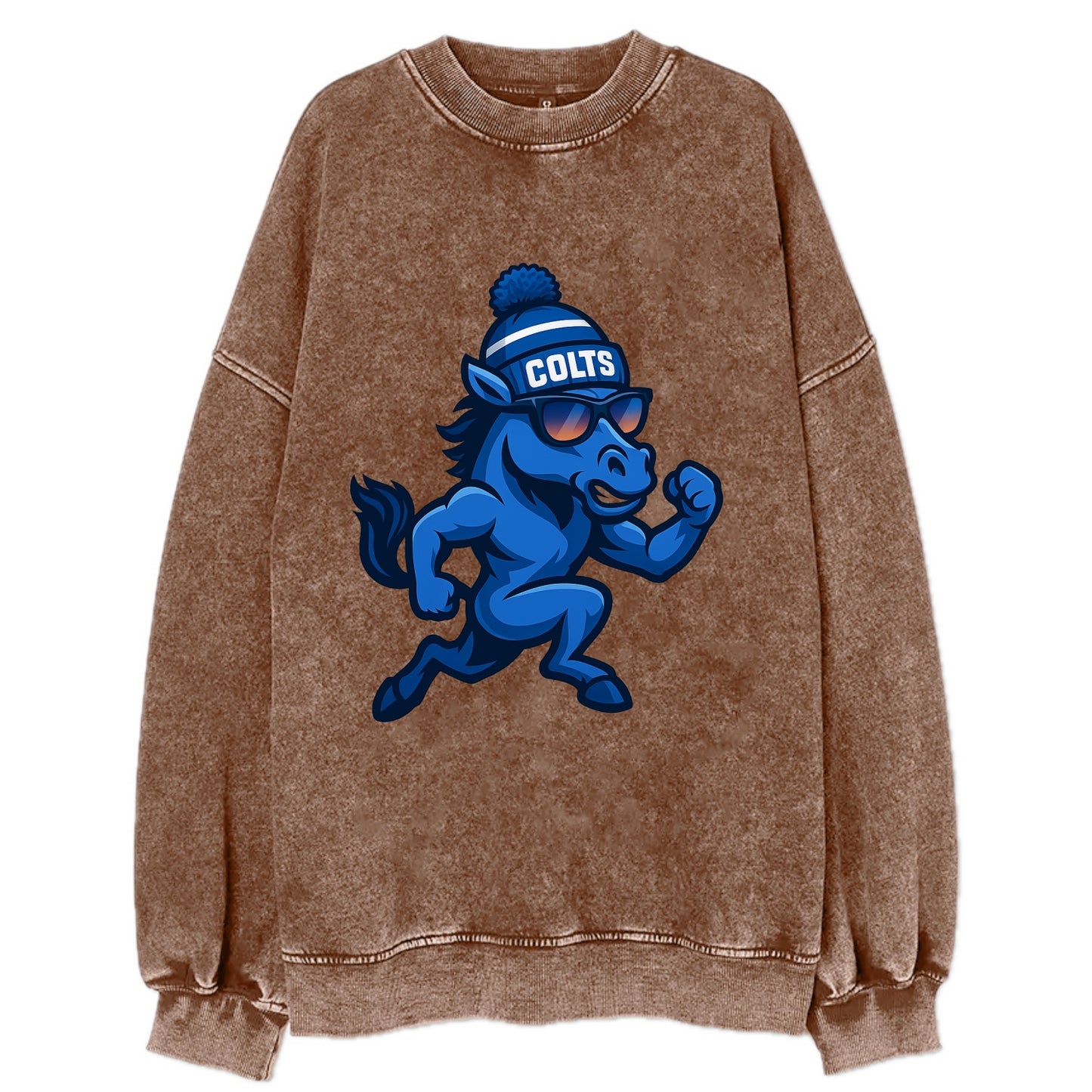 Indianapolis Colt Horse wearing Colts blue and white beanie with pom pom and - Vintage Sweatshirt - Brown