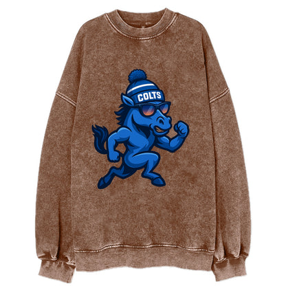 Indianapolis Colt Horse wearing Colts blue and white beanie with pom pom and - Vintage Sweatshirt - Brown
