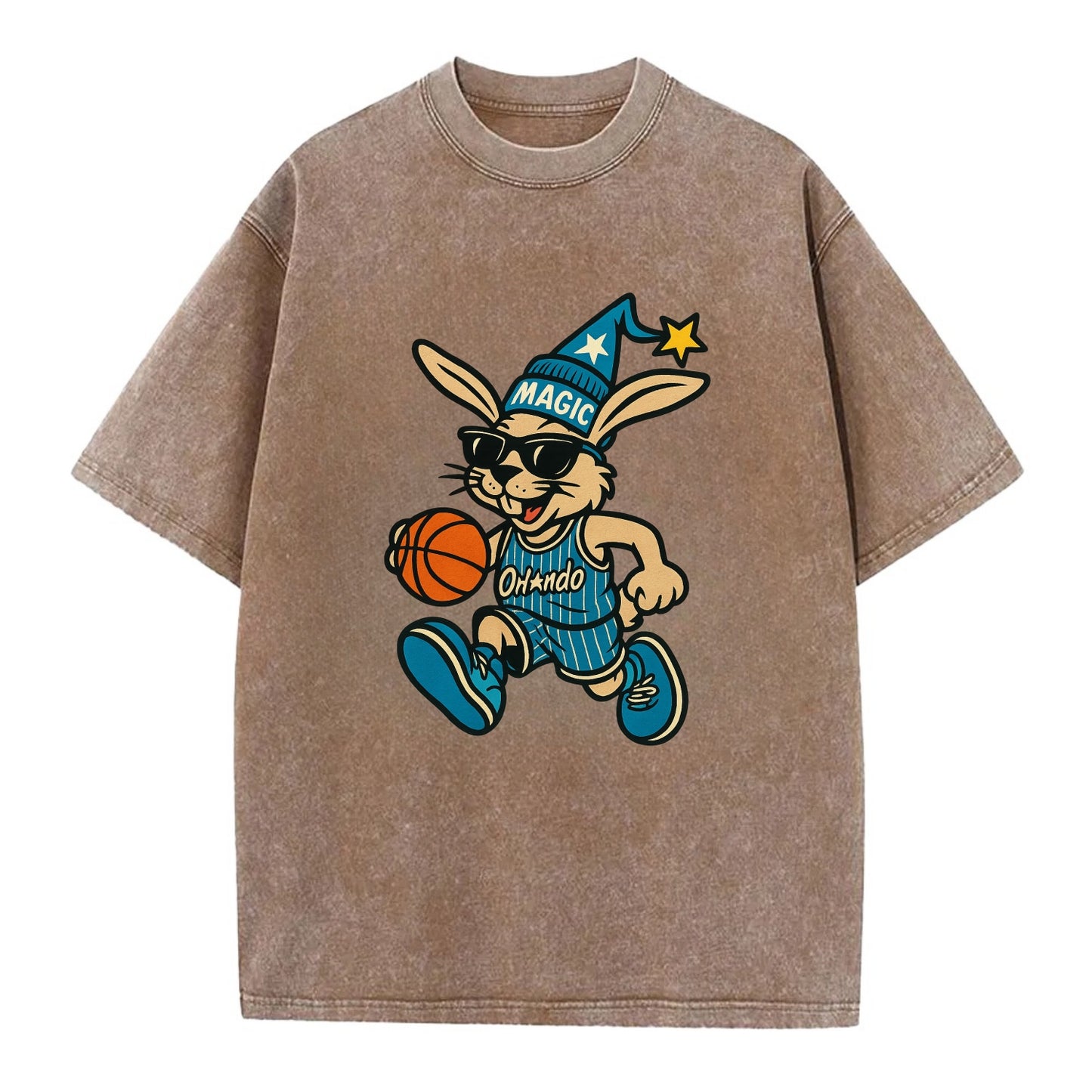 Orlando Rabbit wearing Magic blue and silver beanie with wizard hat and wayfarer - Vintage T-shirt - Brown