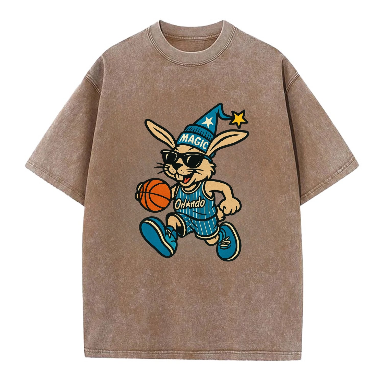 Orlando Rabbit wearing Magic blue and silver beanie with wizard hat and wayfarer - Vintage T-shirt - Brown