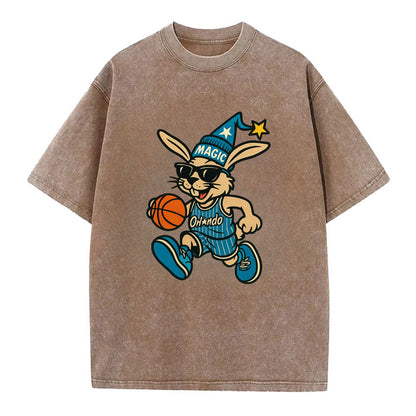 Orlando Rabbit wearing Magic blue and silver beanie with wizard hat and wayfarer - Vintage T-shirt - Brown
