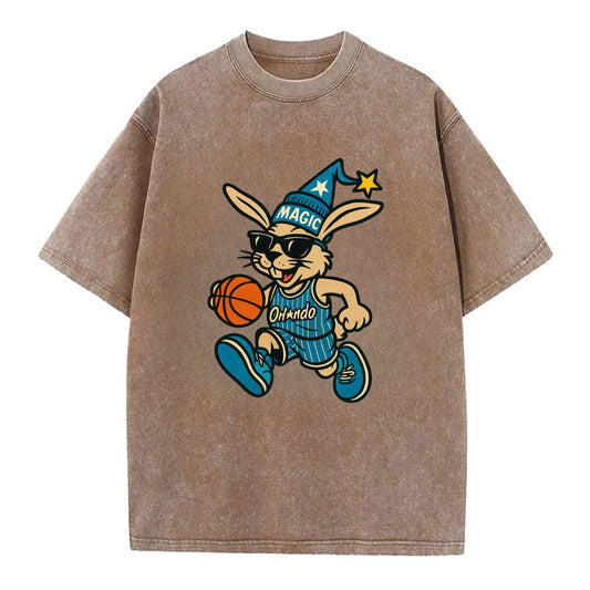 Orlando Rabbit wearing Magic blue and silver beanie with wizard hat and wayfarer - Vintage T-shirt - Brown