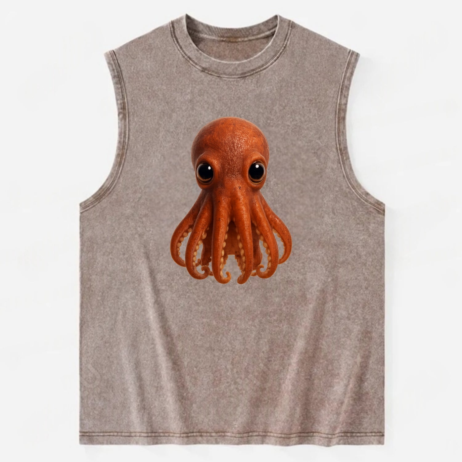 Baby Giant Pacific Octopus - reddish, smaller tentacles, expressive eyes, - Vintage Washed Tank - Brown