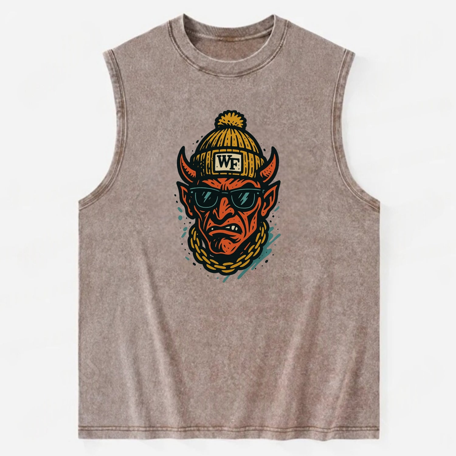 Winston-Salem Demon wearing Wake Forest beanie with WF patch - Vintage Washed Tank - Brown