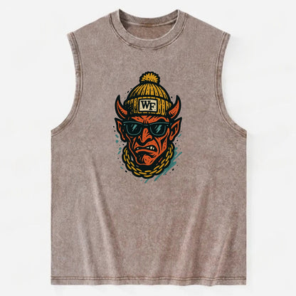Winston-Salem Demon wearing Wake Forest beanie with WF patch - Vintage Washed Tank - Brown