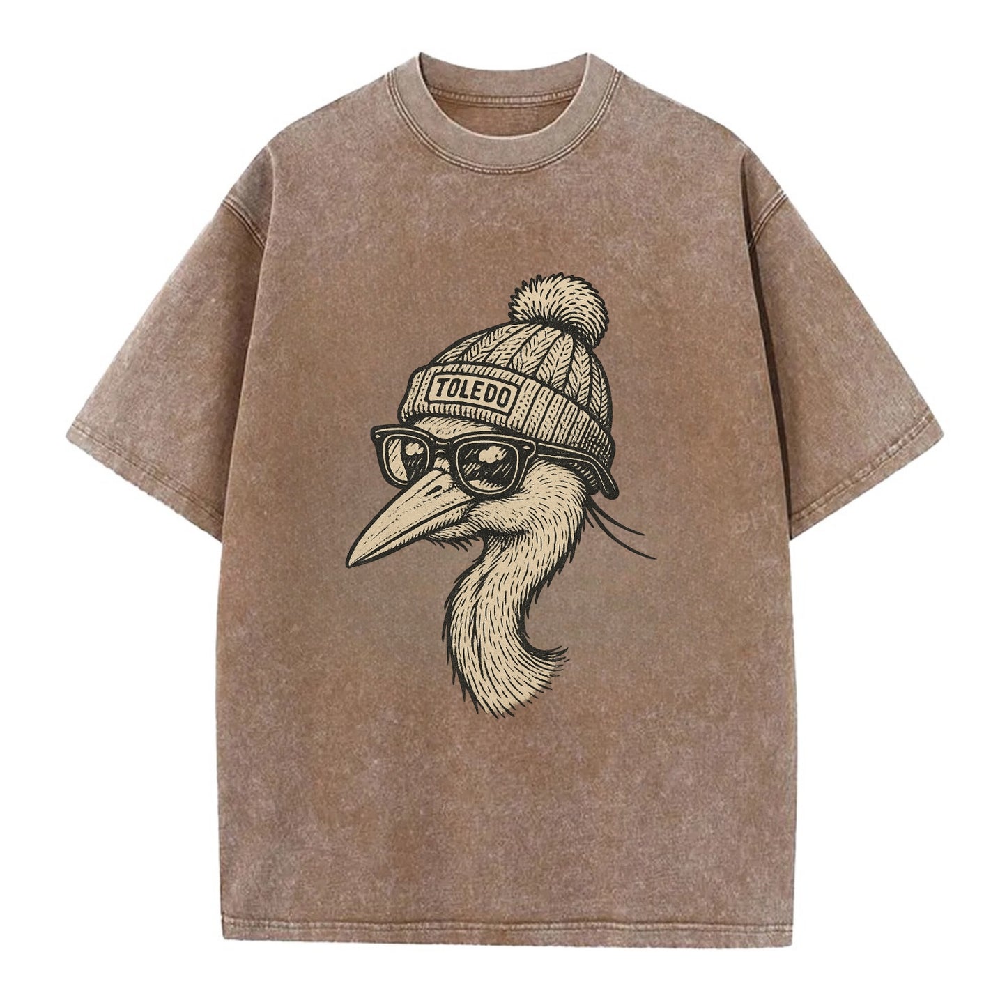 Toledo Great Blue Heron wearing Toledo beanie with pom pom and wayfarer sunglasses - Vintage T-shirt - Brown