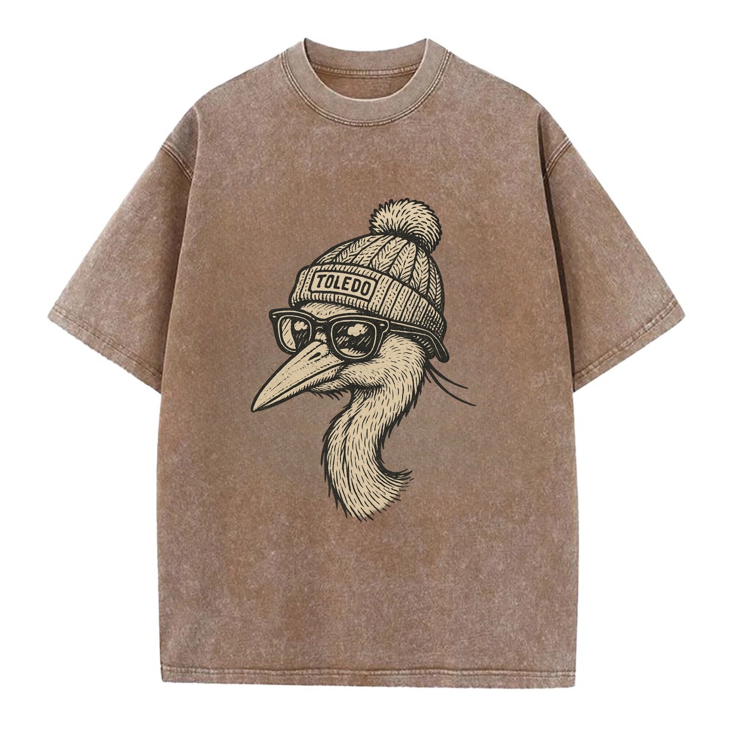 Toledo Great Blue Heron wearing Toledo beanie with pom pom and wayfarer sunglasses - Vintage T-shirt - Brown