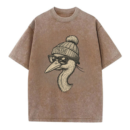 Toledo Great Blue Heron wearing Toledo beanie with pom pom and wayfarer sunglasses - Vintage T-shirt - Brown