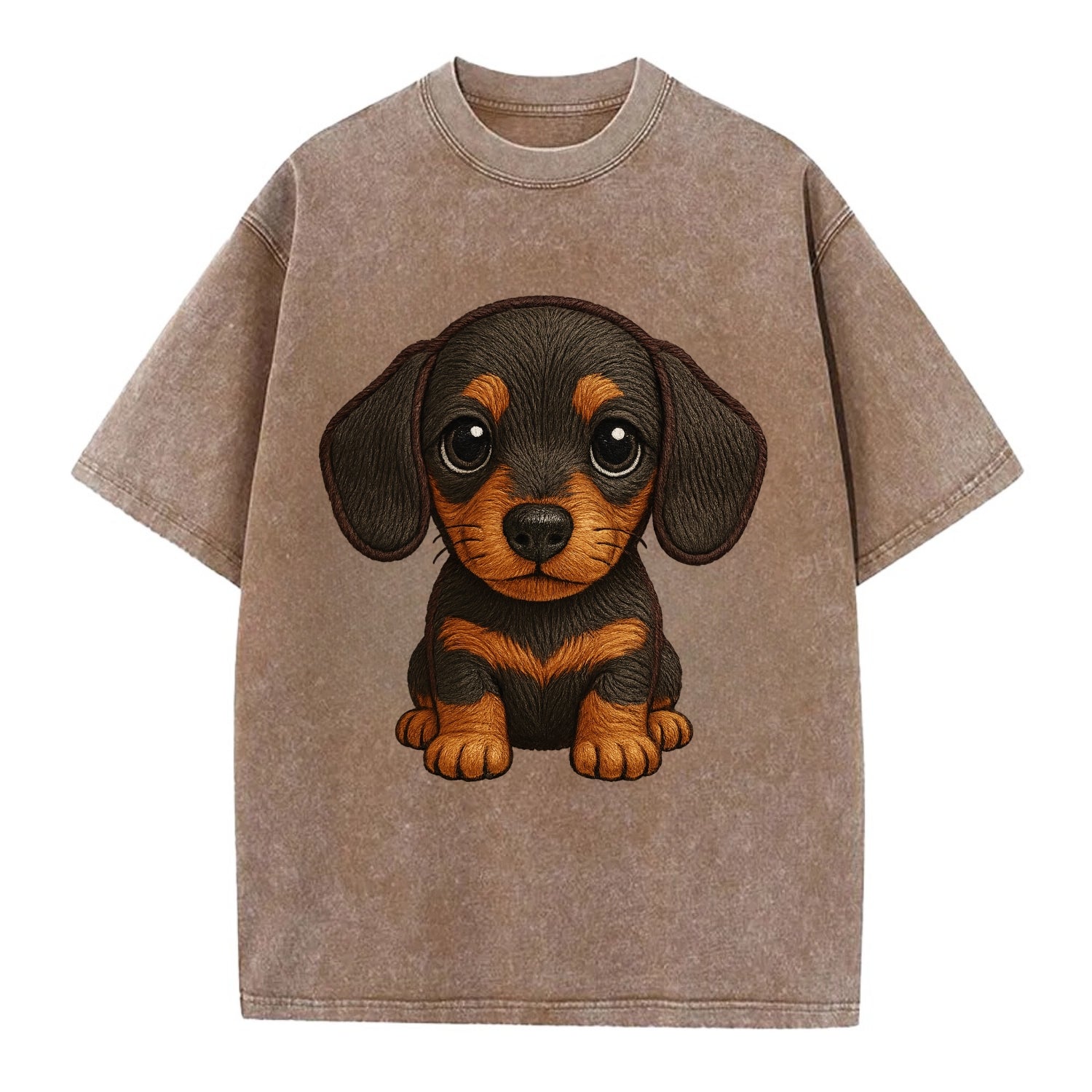 Baby Dachshund Puppy - long body, short legs, floppy ears, curious eyes, - Vintage T-shirt - Brown