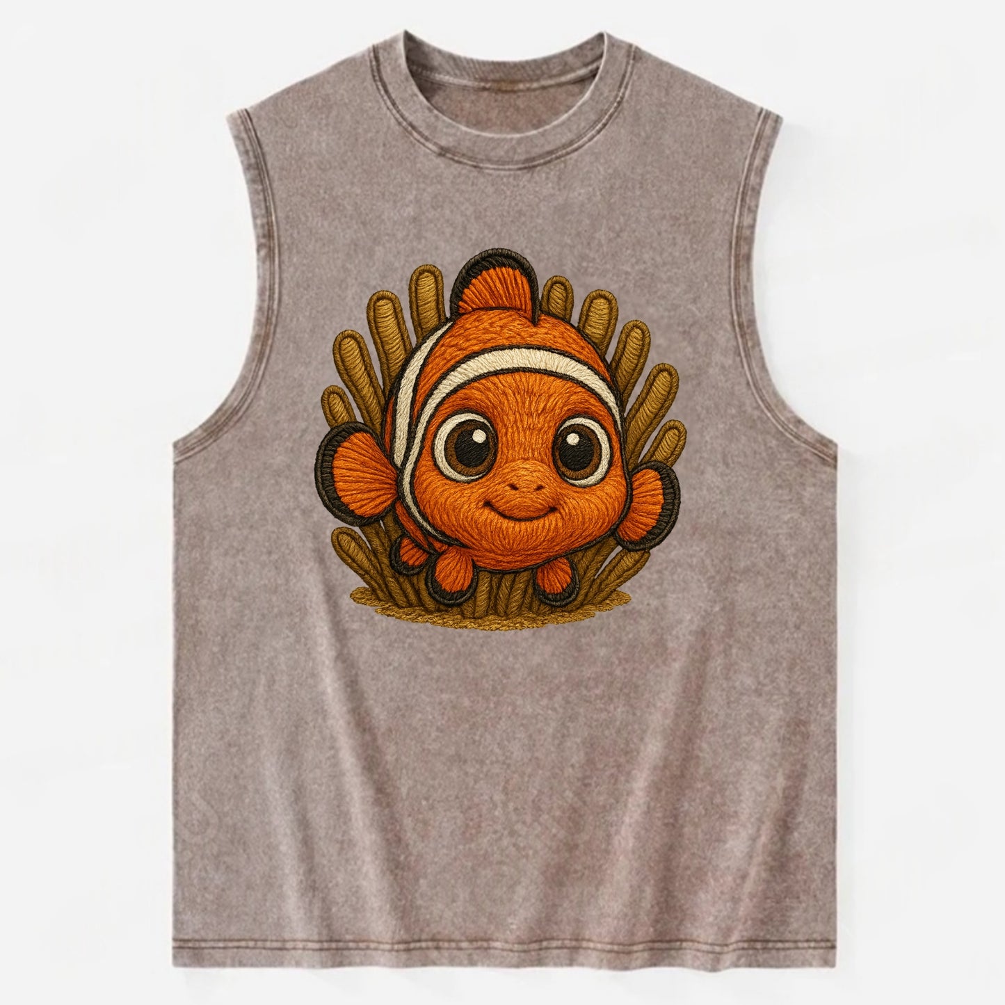 Baby Clownfish - orange with white stripes, big round eyes, front-facing in - Vintage Washed Tank - Brown