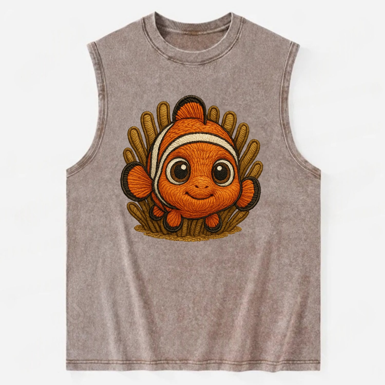 Baby Clownfish - orange with white stripes, big round eyes, front-facing in - Vintage Washed Tank - Brown