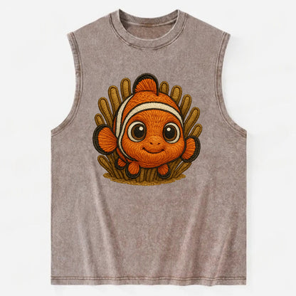 Baby Clownfish - orange with white stripes, big round eyes, front-facing in - Vintage Washed Tank - Brown
