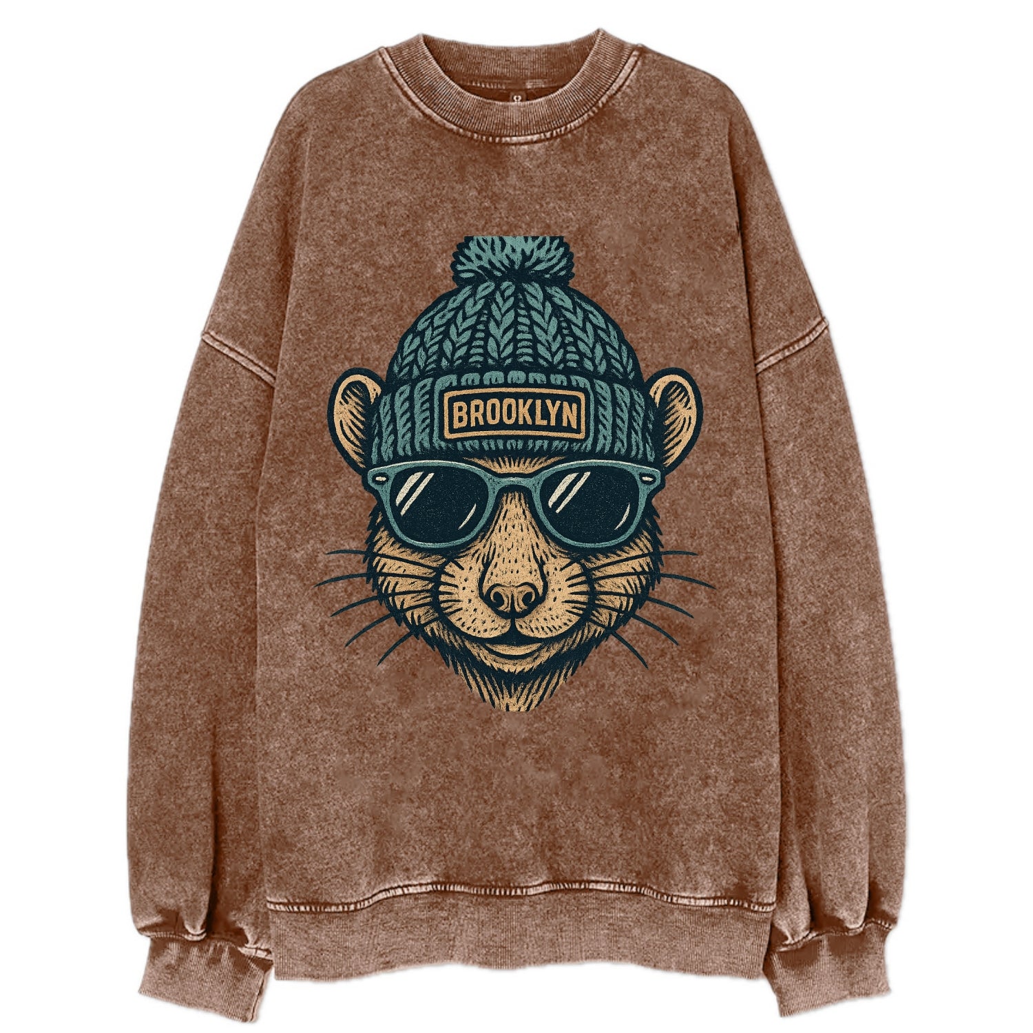 NYC Rat wearing Brooklyn beanie with pom pom and wayfarer sunglasses - Vintage Sweatshirt - Brown