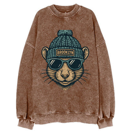 NYC Rat wearing Brooklyn beanie with pom pom and wayfarer sunglasses - Vintage Sweatshirt - Brown