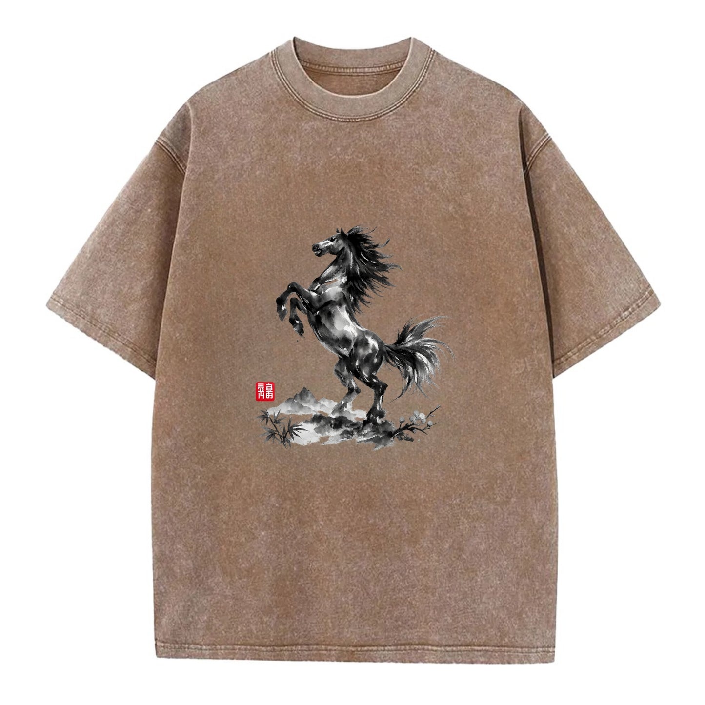 WILD STALLION | Powerful stallion rearing up | Windswept mane and tail | Mountain - Vintage T-shirt - Brown