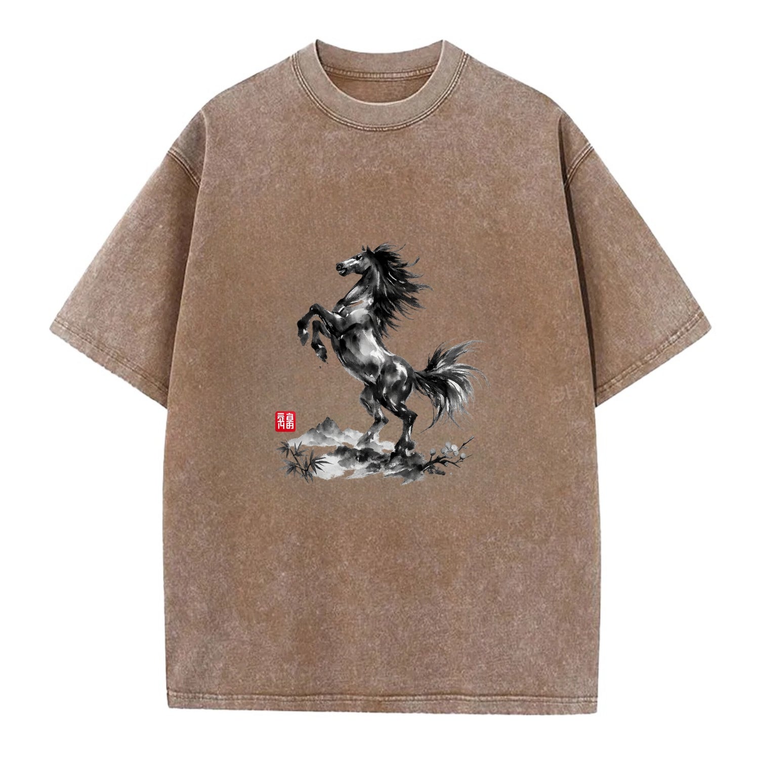 WILD STALLION | Powerful stallion rearing up | Windswept mane and tail | Mountain - Vintage T-shirt - Brown
