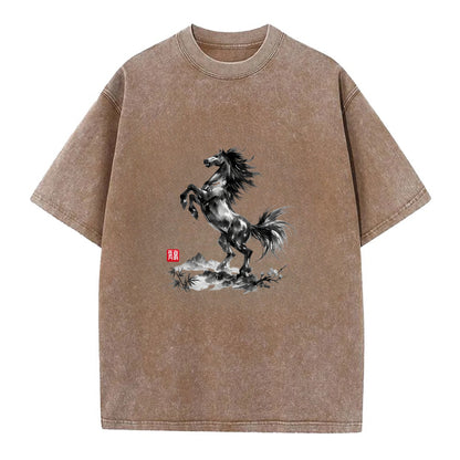 WILD STALLION | Powerful stallion rearing up | Windswept mane and tail | Mountain - Vintage T-shirt - Brown