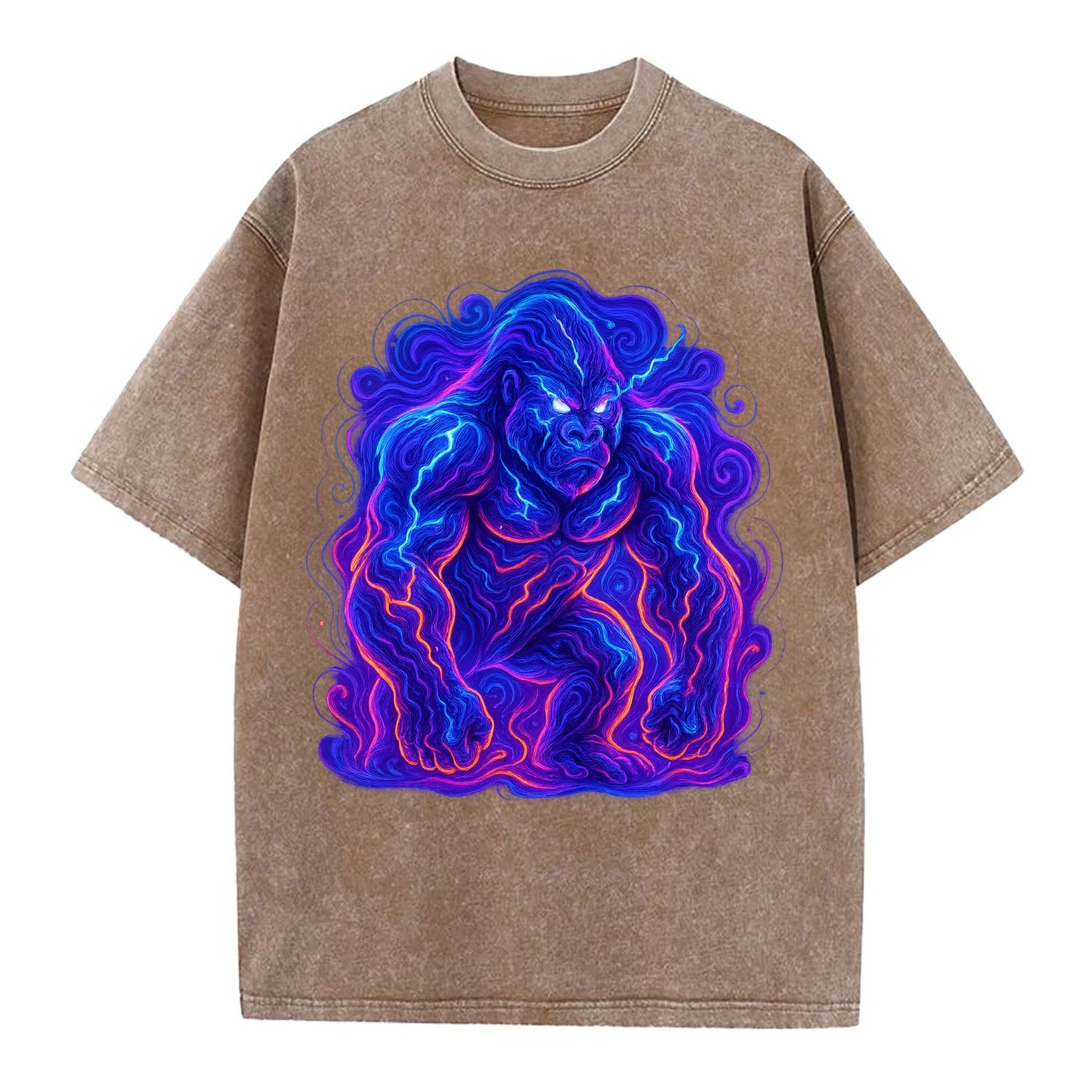 Mighty gorilla with electricity flowing through defined muscles, lightning bolt - Vintage T-shirt - Brown