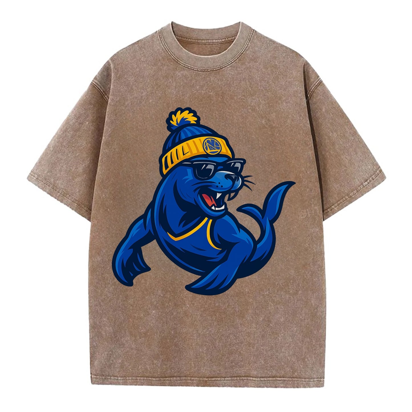 Bay Area Sea Lion wearing Warriors blue and gold beanie with Golden Gate and - Vintage T-shirt - Brown