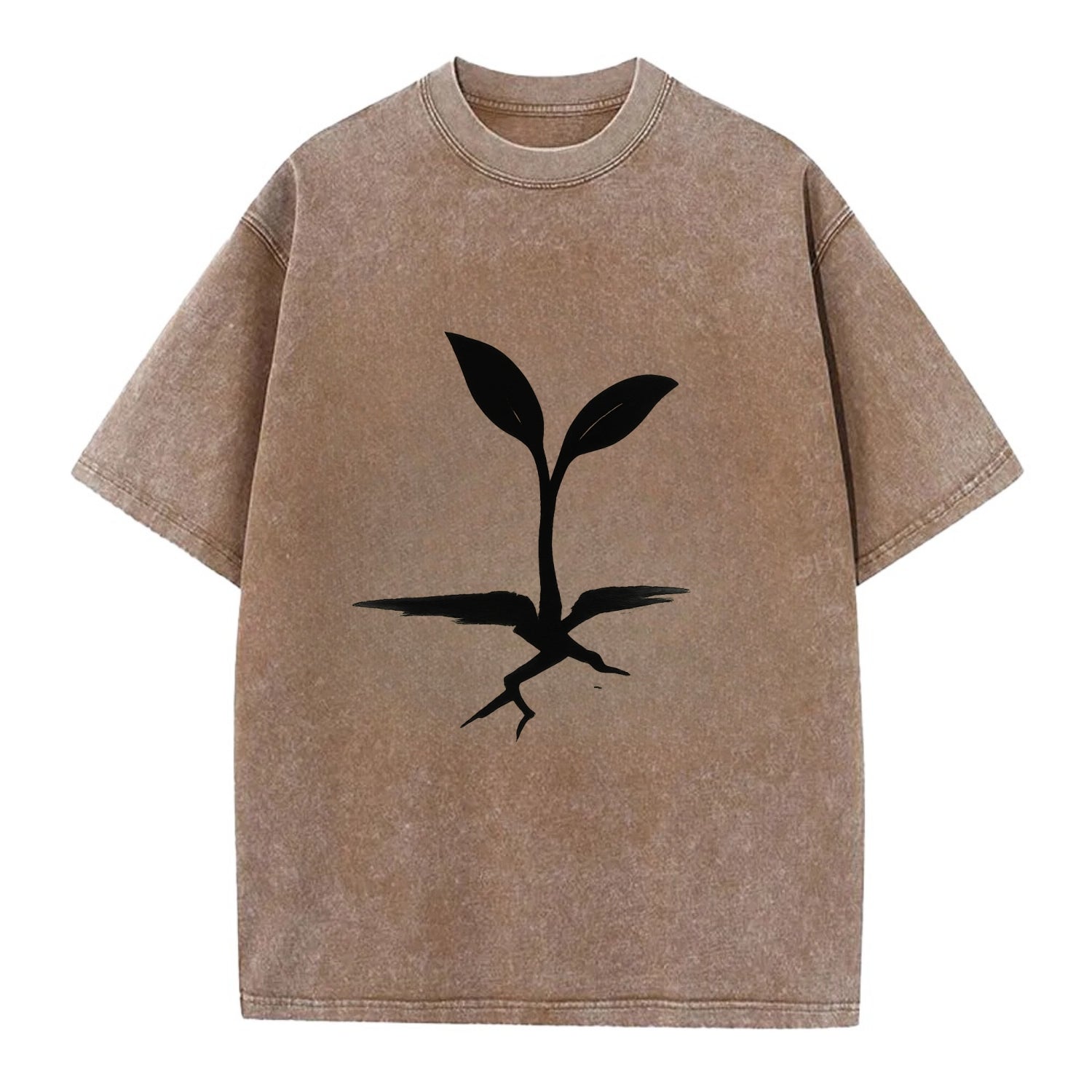 Seedling breaking through concrete - persistence ink brushstrokes - Vintage T-shirt - Brown
