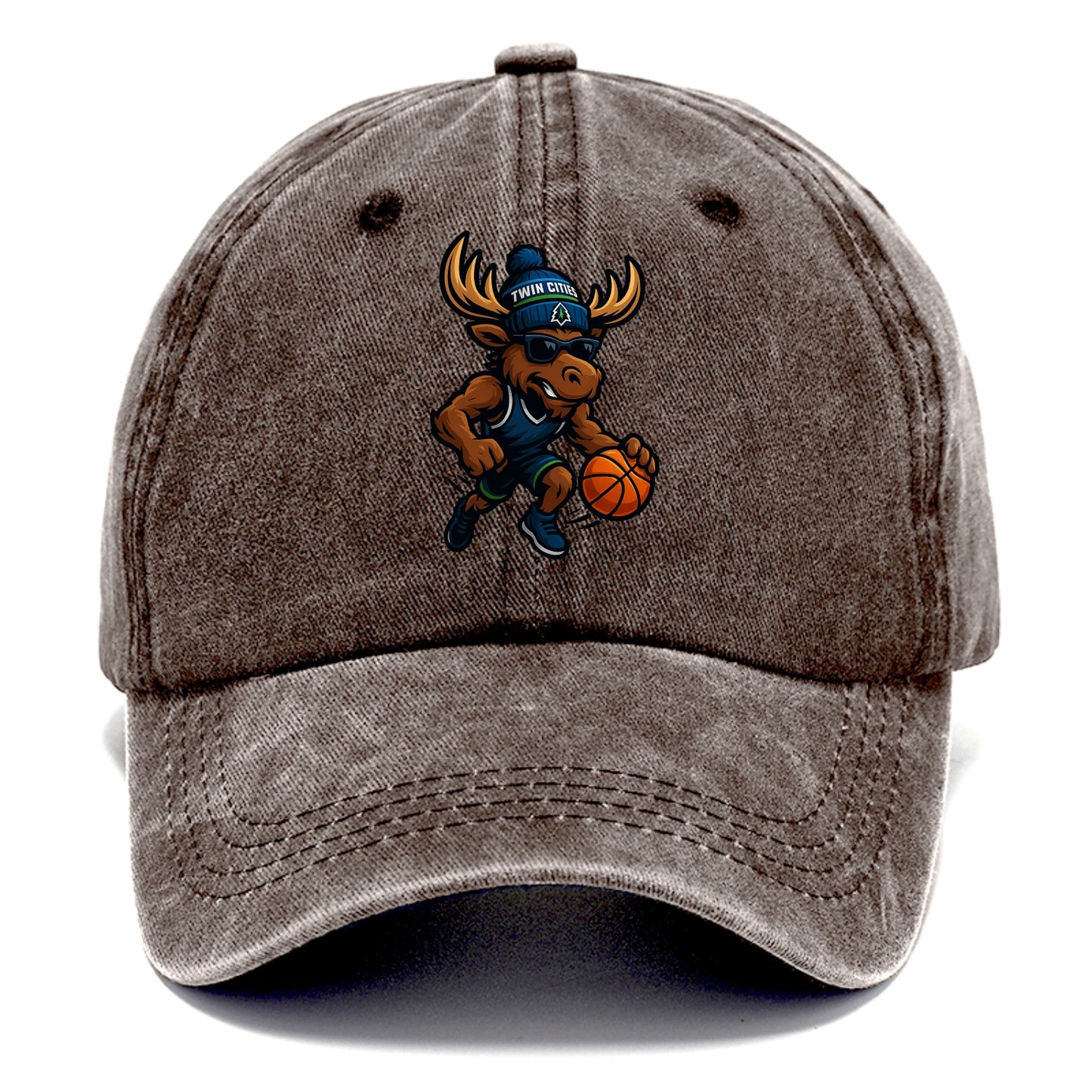 Twin Cities Moose wearing Timberwolves beanie with pine tree patch and wayfarer - Classic Cap - Brown
