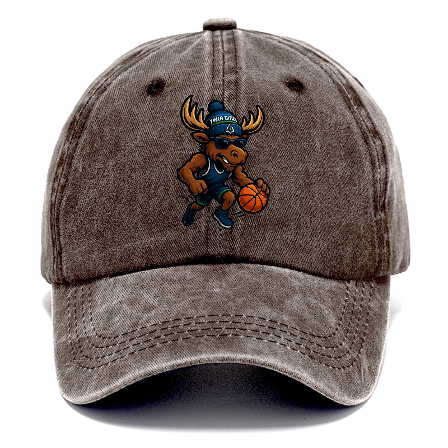 Twin Cities Moose wearing Timberwolves beanie with pine tree patch and wayfarer - Classic Cap - Brown