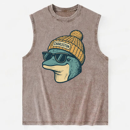 Charleston Dolphin wearing Charleston beanie with pom pom and wayfarer - Vintage Washed Tank - Brown