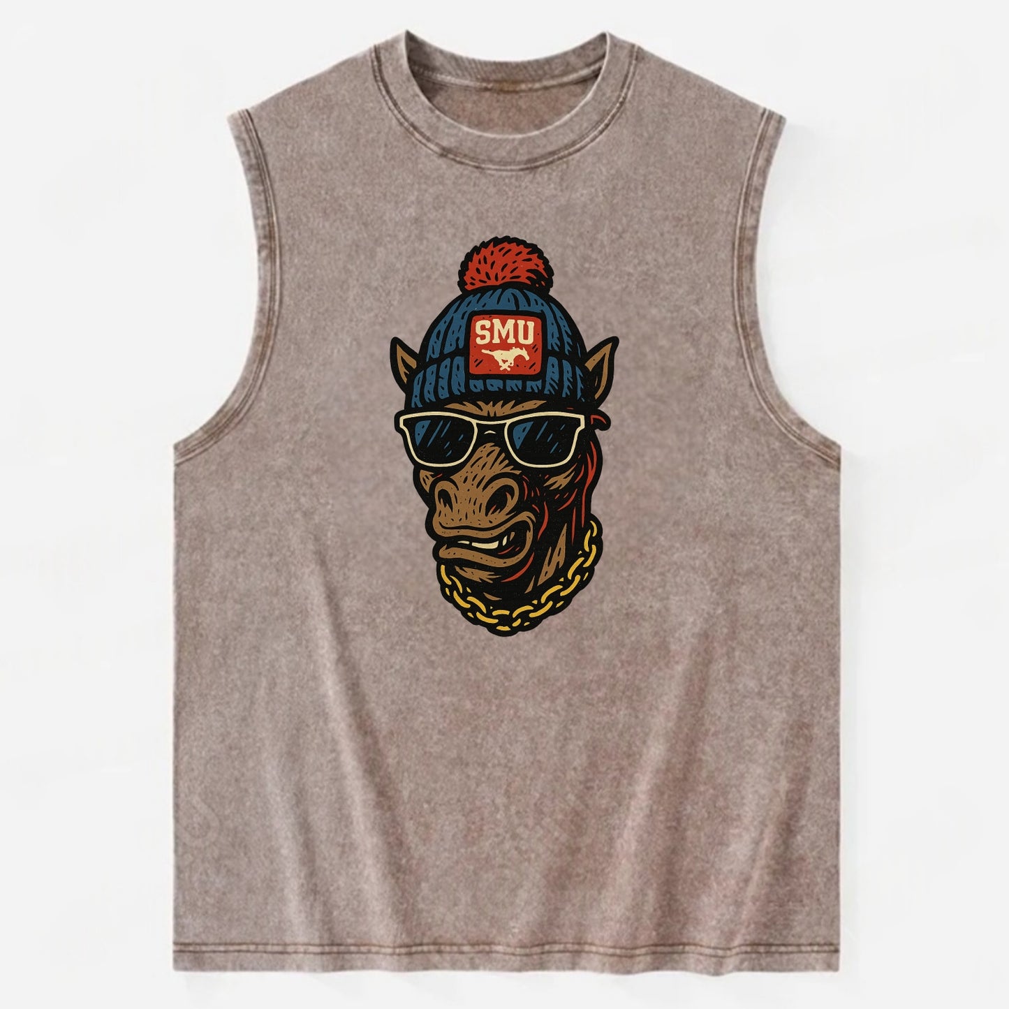 Dallas Mustang wearing SMU beanie with pony patch - Vintage Washed Tank - Brown