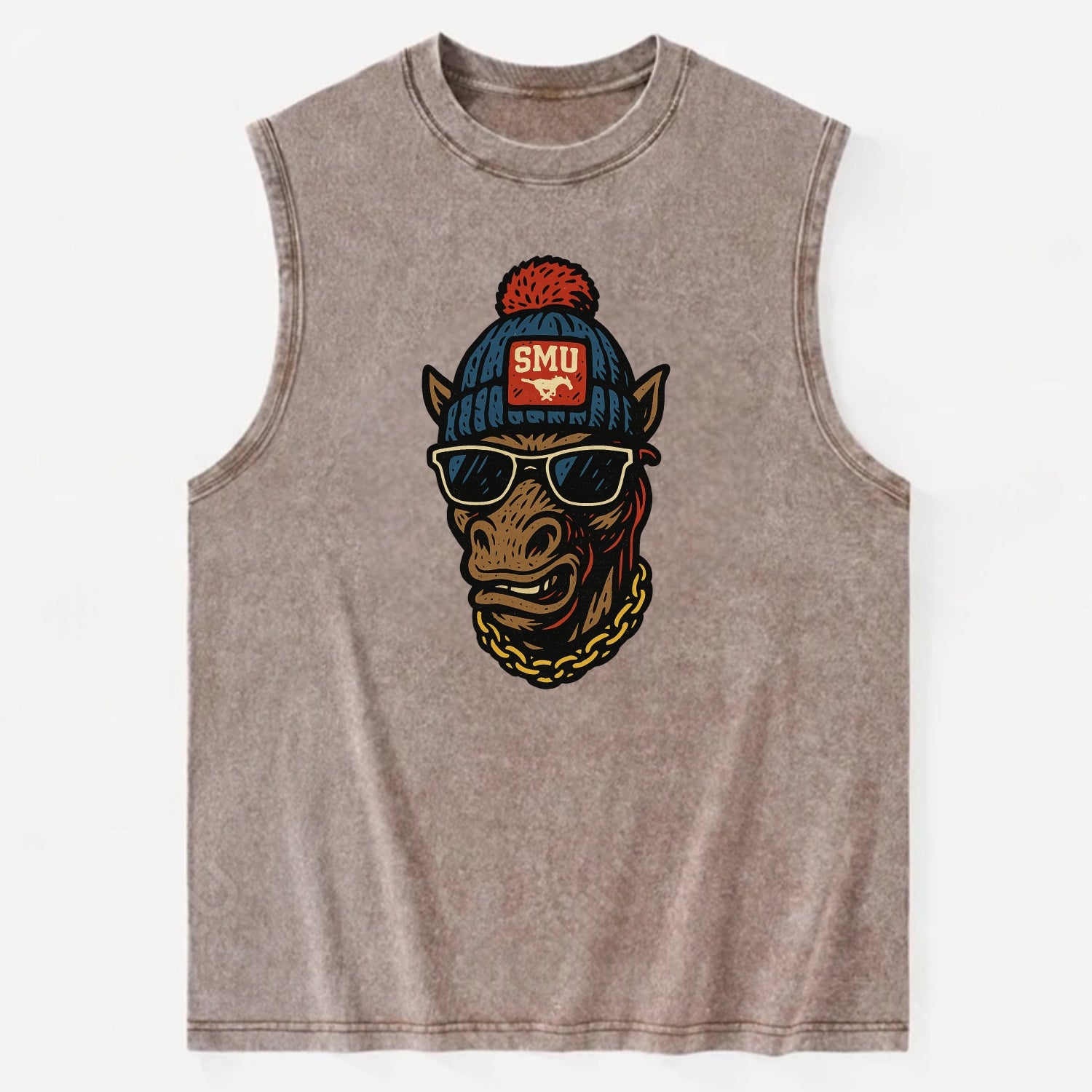 Dallas Mustang wearing SMU beanie with pony patch - Vintage Washed Tank - Brown