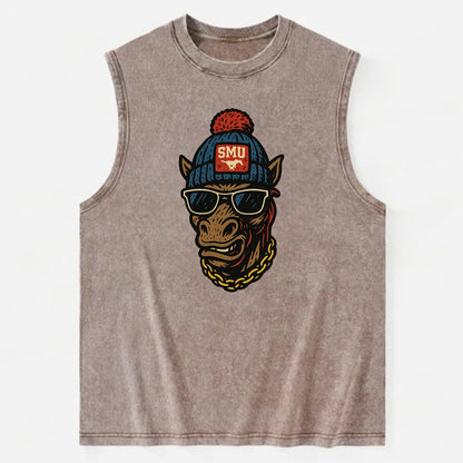 Dallas Mustang wearing SMU beanie with pony patch - Vintage Washed Tank - Brown