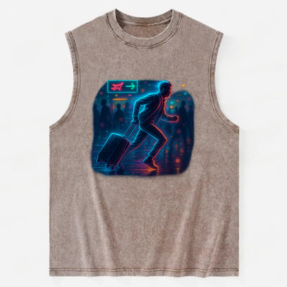 person running with luggage through crowded airport terminal - Vintage Washed Tank - Brown