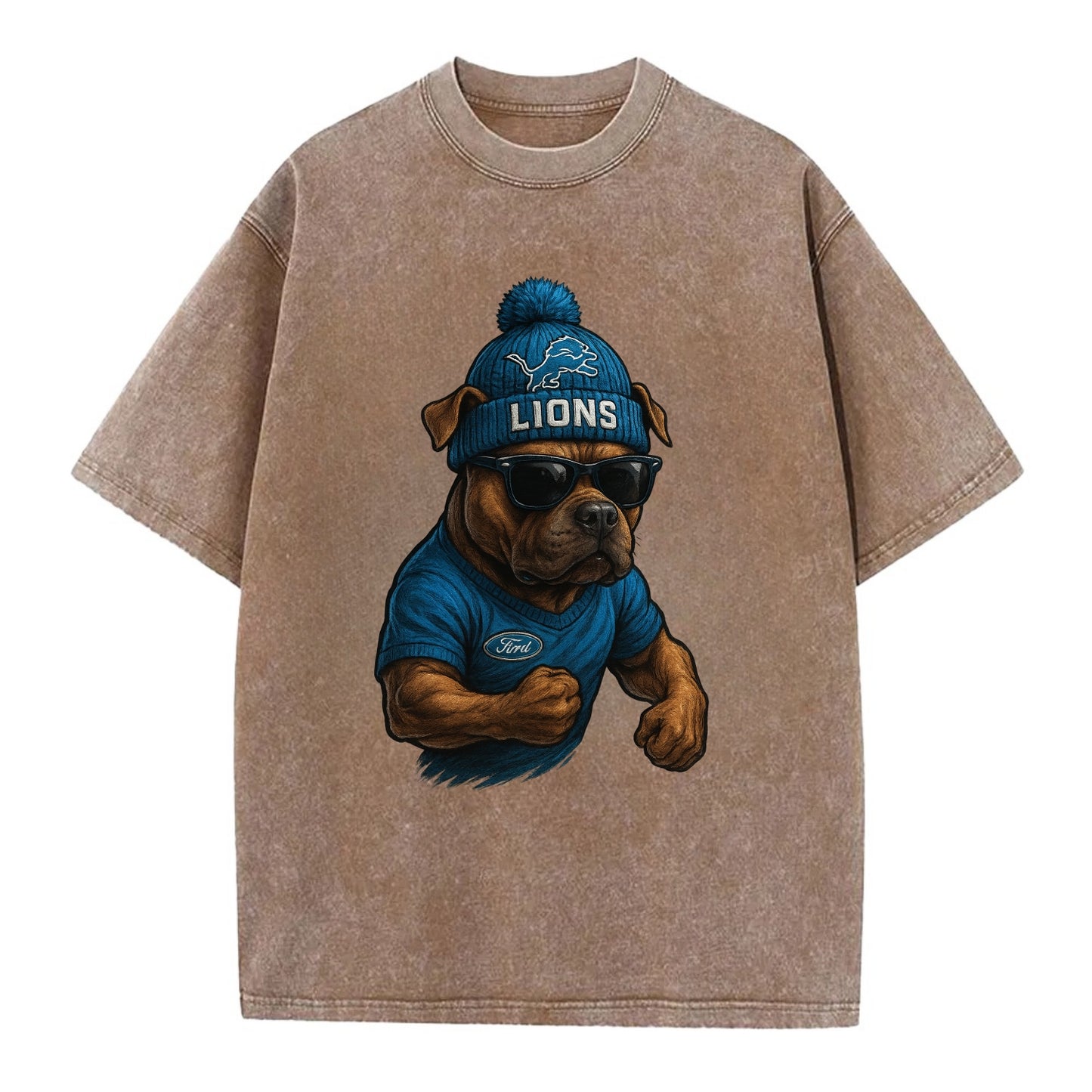 Detroit Pitbull wearing Lions beanie with auto patch and wayfarer sunglasses - Vintage T-shirt - Brown