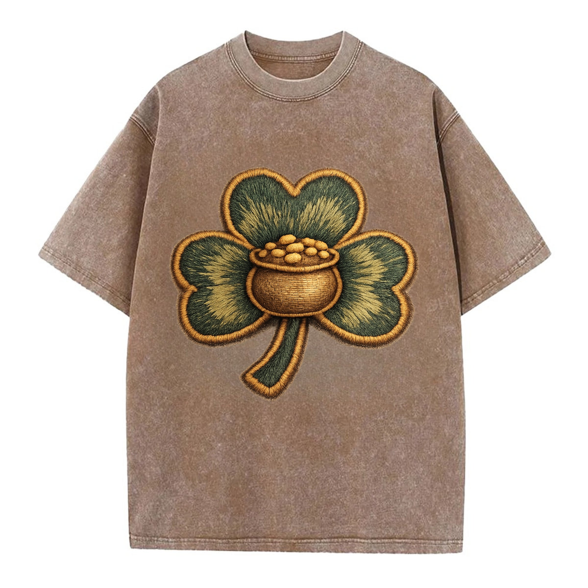 ST PATRICKS CLOVER - lucky clover with gold in green and gold , Irish luck - Vintage T-shirt - Brown