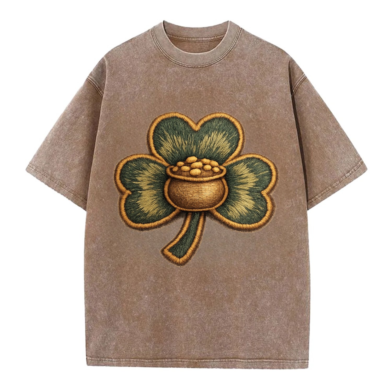 ST PATRICKS CLOVER - lucky clover with gold in green and gold , Irish luck - Vintage T-shirt - Brown