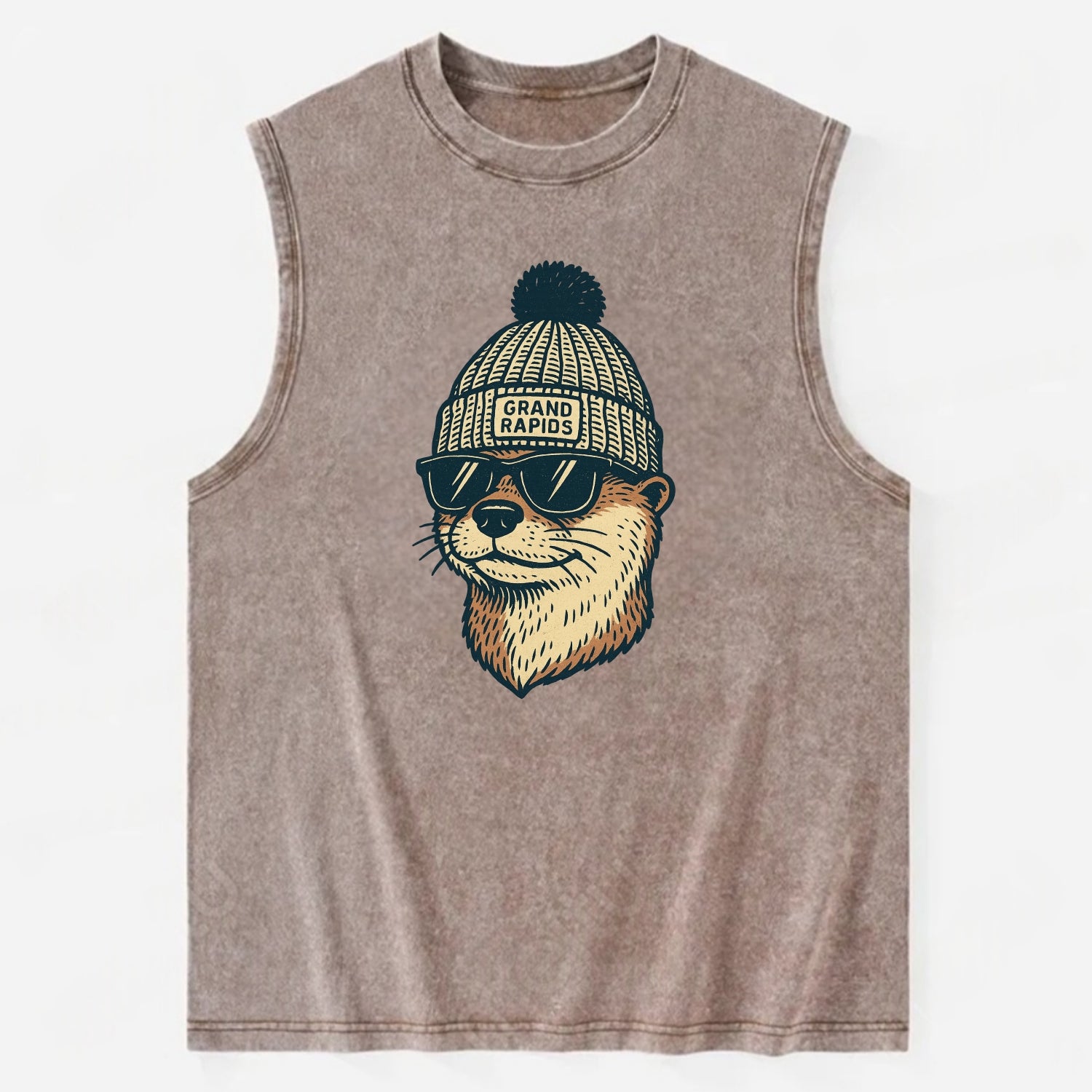 Grand Rapids River Otter wearing Grand Rapids beanie with pom pom and - Vintage Washed Tank - Brown