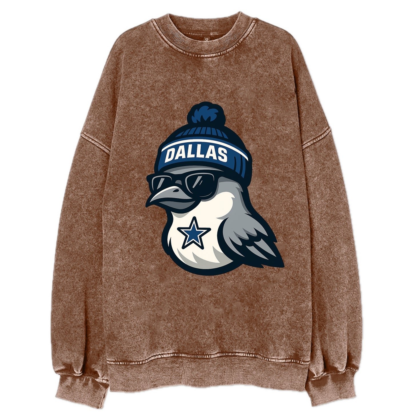 Dallas Mockingbird wearing Cowboys beanie with sheriff star and wayfarer - Vintage Sweatshirt - Brown