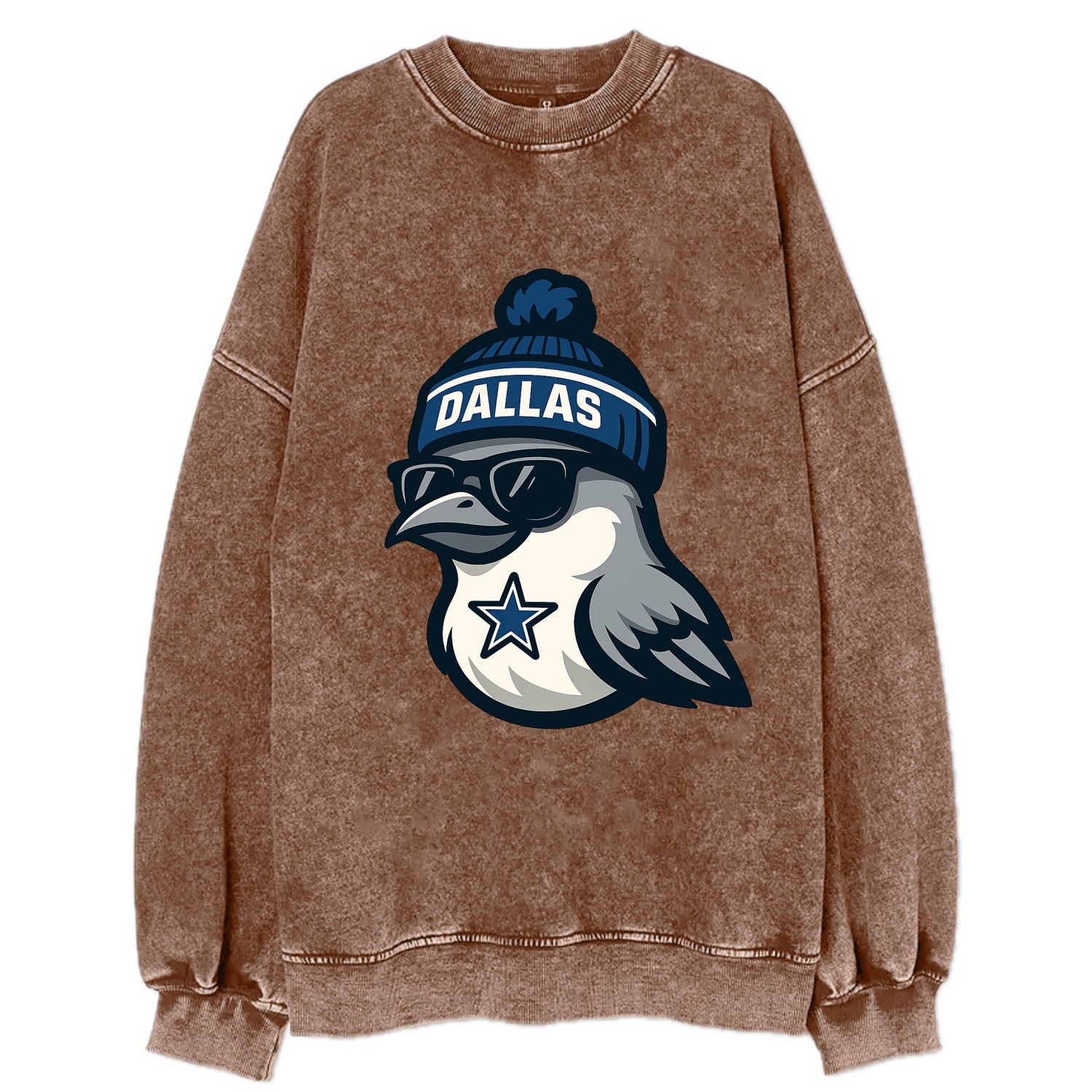 Dallas Mockingbird wearing Cowboys beanie with sheriff star and wayfarer - Vintage Sweatshirt - Brown