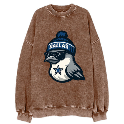 Dallas Mockingbird wearing Cowboys beanie with sheriff star and wayfarer - Vintage Sweatshirt - Brown