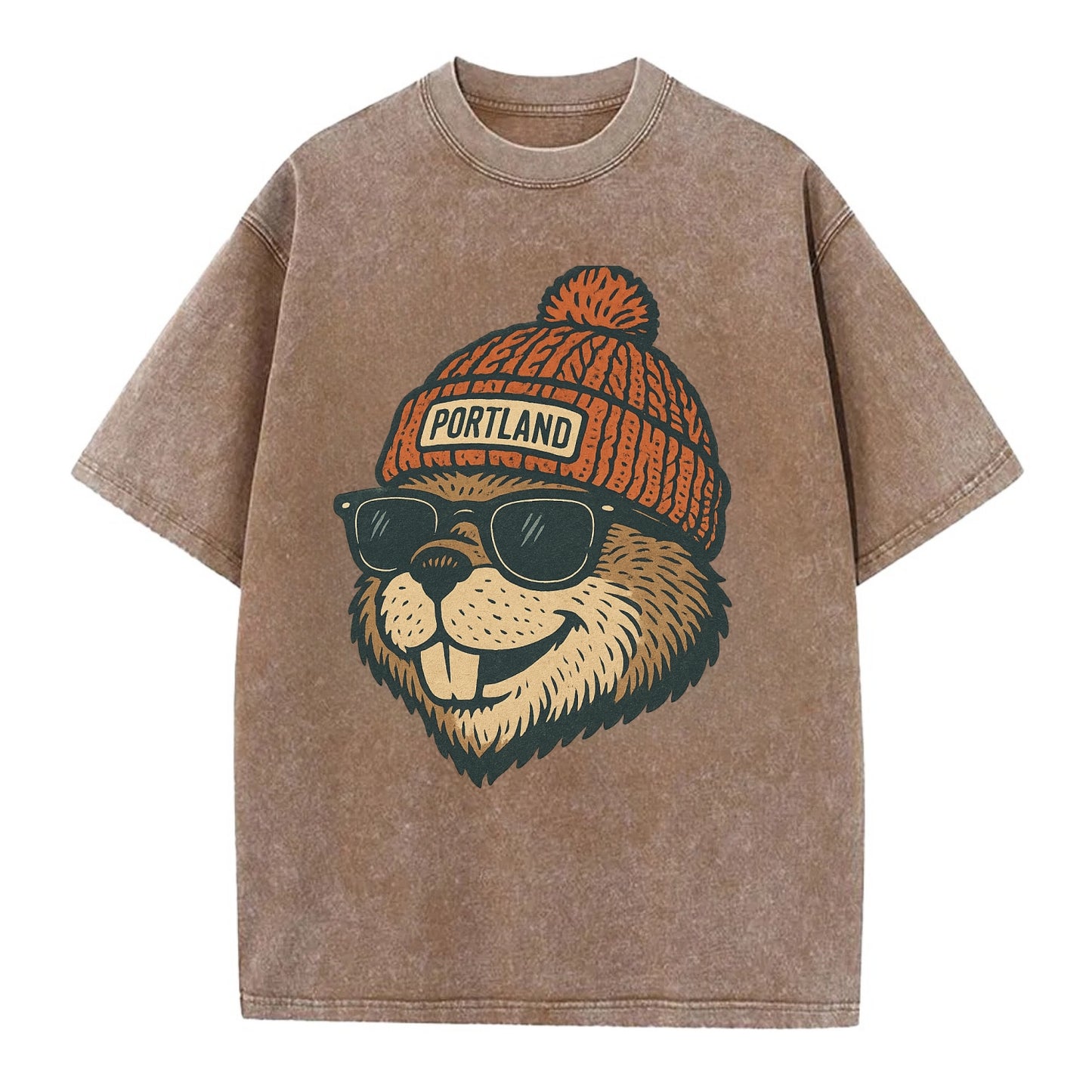 Oregon Beaver wearing Portland beanie with pom pom and wayfarer sunglasses - Vintage T-shirt - Brown