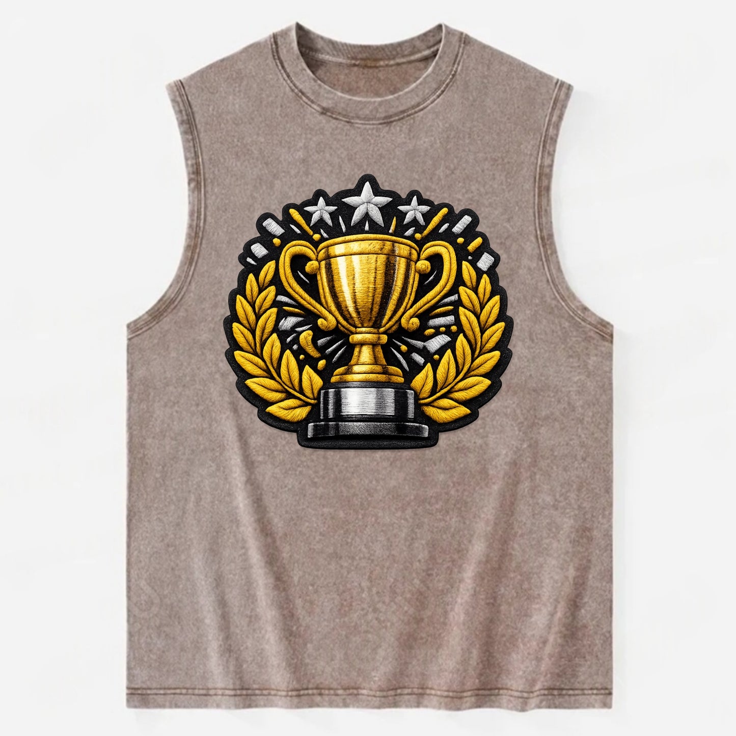 Embroidered patch design - CHAMPIONSHIP TROPHY - golden trophy cup with - Vintage Washed Tank - Brown