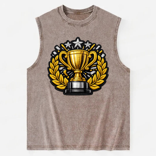 Embroidered patch design - CHAMPIONSHIP TROPHY - golden trophy cup with - Vintage Washed Tank - Brown