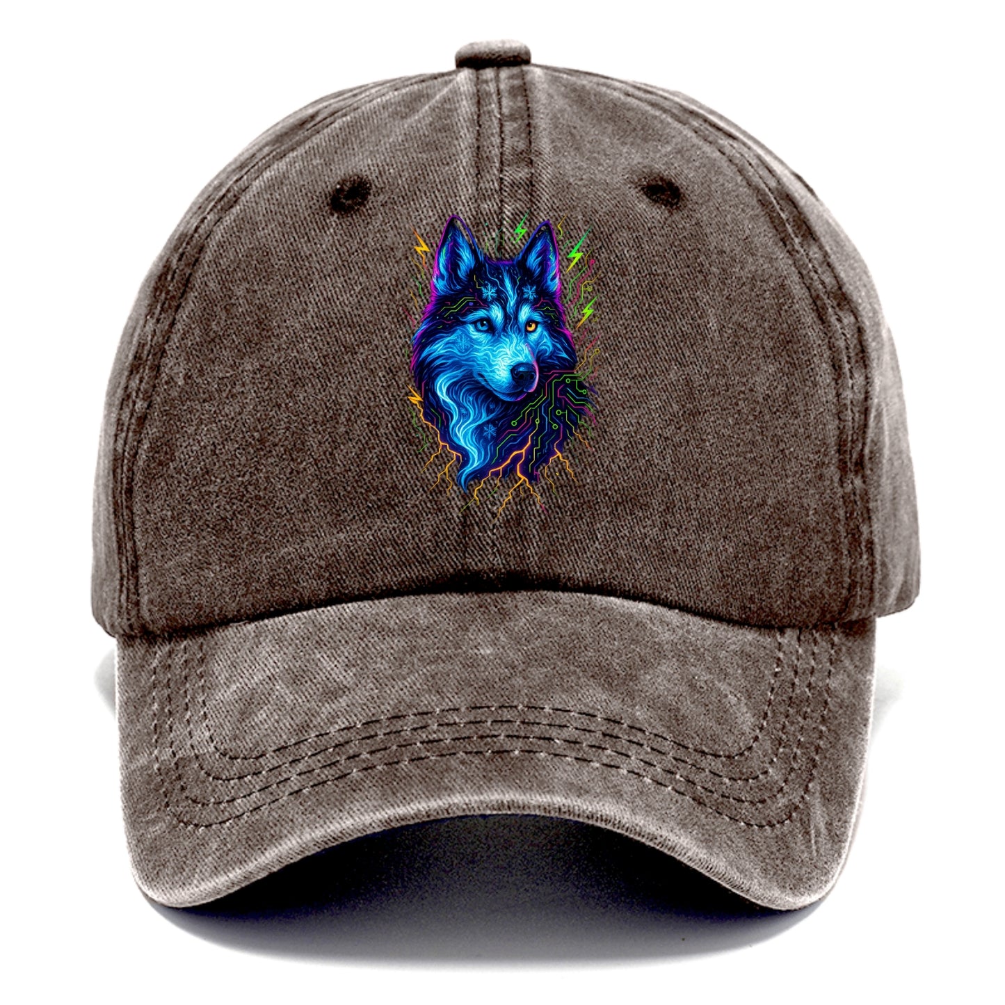 Siberian husky with ice-crystal flowing patterns, electric blue and white swirls, - Classic Cap - Brown