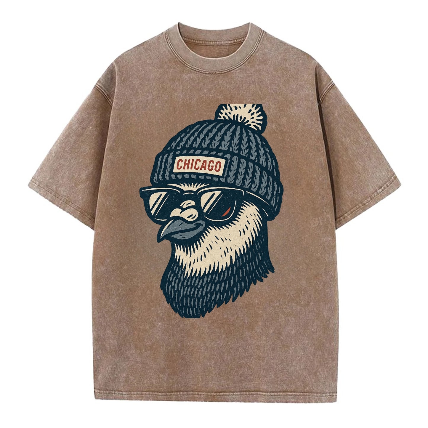 Chicago Pigeon wearing Chicago beanie with pom pom and wayfarer sunglasses - Vintage T-shirt - Brown