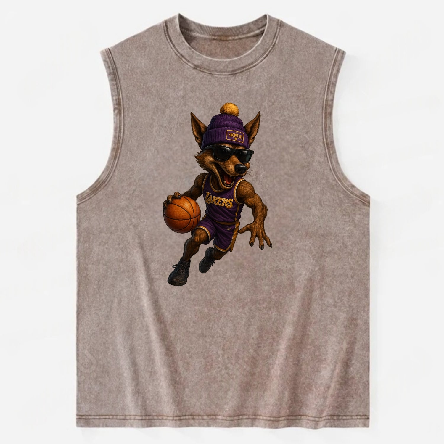 Hollywood Coyote wearing Lakers beanie with Showtime patch and wayfarer - Vintage Washed Tank - Brown