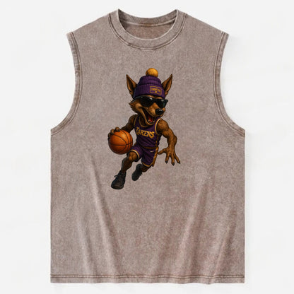 Hollywood Coyote wearing Lakers beanie with Showtime patch and wayfarer - Vintage Washed Tank - Brown