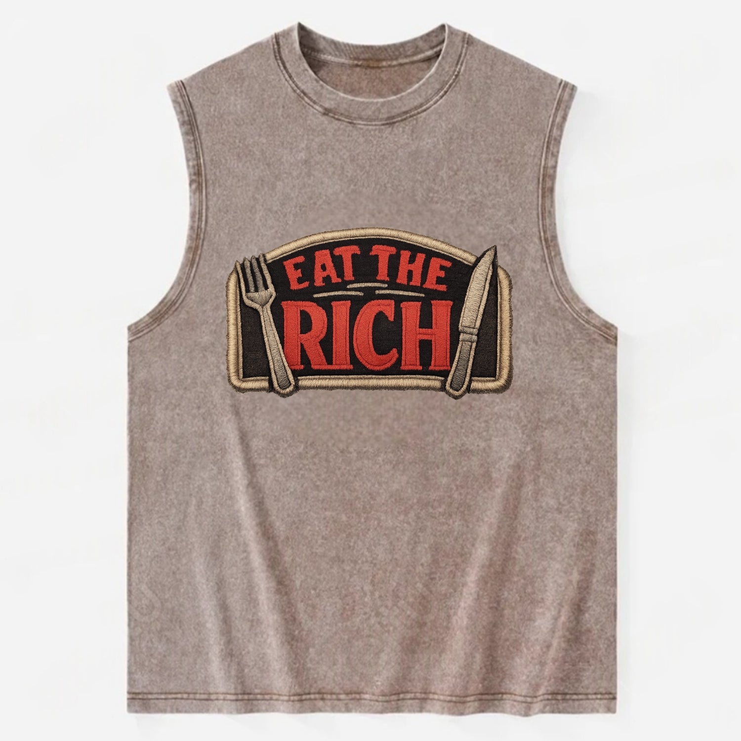 EAT THE RICH - fork and knife with text in red and silver , class war - Vintage Washed Tank - Brown