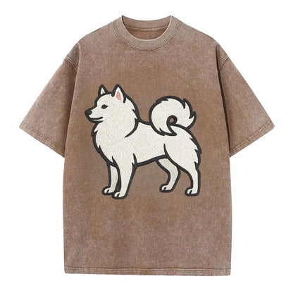 American Eskimo Dog - White spitz embroidered standing design - Vintage T-shirt - Brown