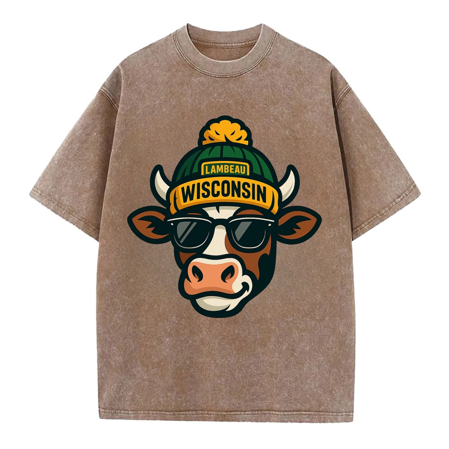 Wisconsin Cow wearing Packers beanie with Lambeau patch and wayfarer sunglasses - Vintage T-shirt - Brown