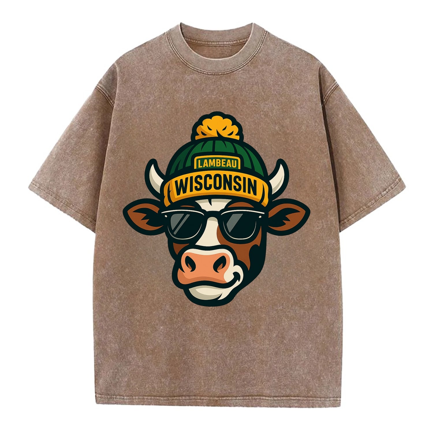 Wisconsin Cow wearing Packers beanie with Lambeau patch and wayfarer sunglasses - Vintage T-shirt - Brown