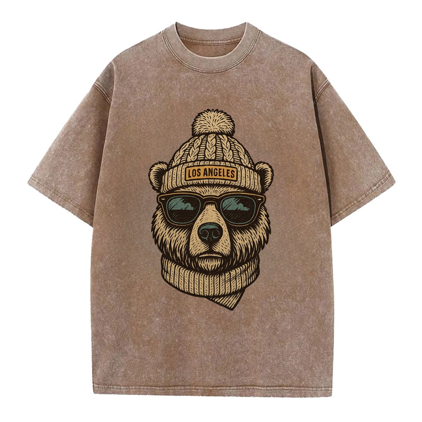 California Grizzly Bear wearing Los Angeles beanie with pom pom and wayfarer - Vintage T-shirt - Brown